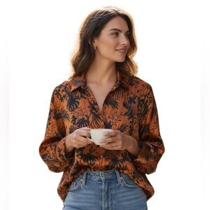 Future Collective 2X Tropical Print Button Front Blouse Brown Black